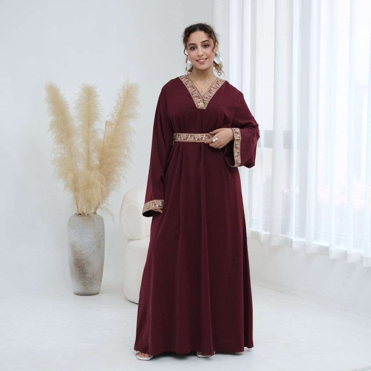 Floral Embroidered V-Neck Nida Maxi Dress(MA448) - A-1 Thread Vault