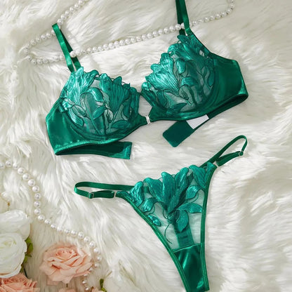Floral Embroidery Sexy Lingerie Set Women Transparent Bralette Underwire Push Up Bra Panty 2 Piece Set - A-1 Thread Vault