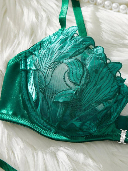 Floral Embroidery Sexy Lingerie Set Women Transparent Bralette Underwire Push Up Bra Panty 2 Piece Set - A-1 Thread Vault