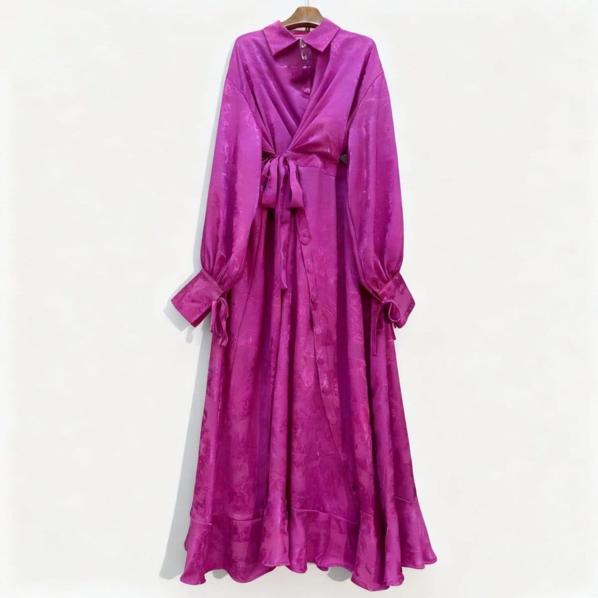 Floral Jacquard Wrap Dress | Collared Tie-Sleeve Maxi Dress(MS257) - A-1 Thread Vault