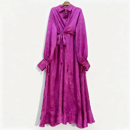 Floral Jacquard Wrap Dress | Collared Tie-Sleeve Maxi Dress(MS257) - A-1 Thread Vault
