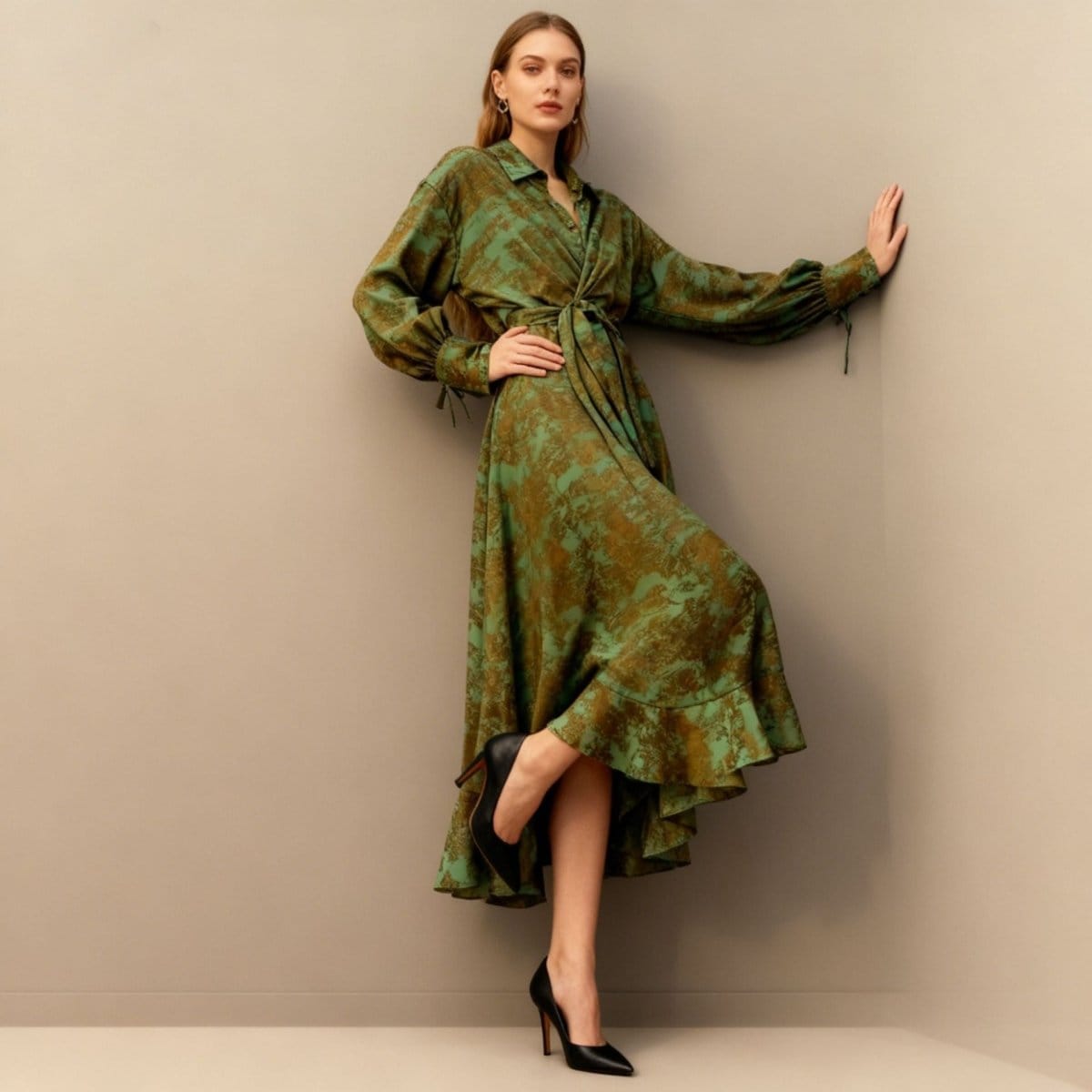Floral Jacquard Wrap Dress | Collared Tie-Sleeve Maxi Dress(MS257) - A-1 Thread Vault