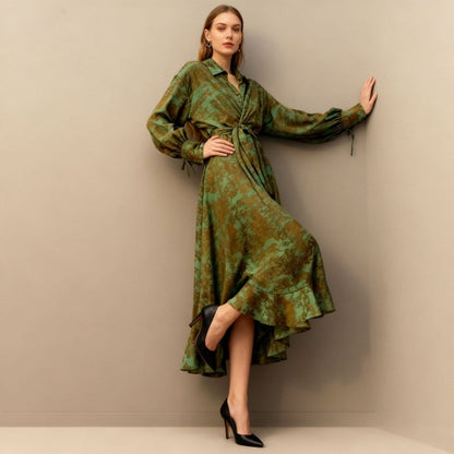 Floral Jacquard Wrap Dress | Collared Tie-Sleeve Maxi Dress(MS257) - A-1 Thread Vault