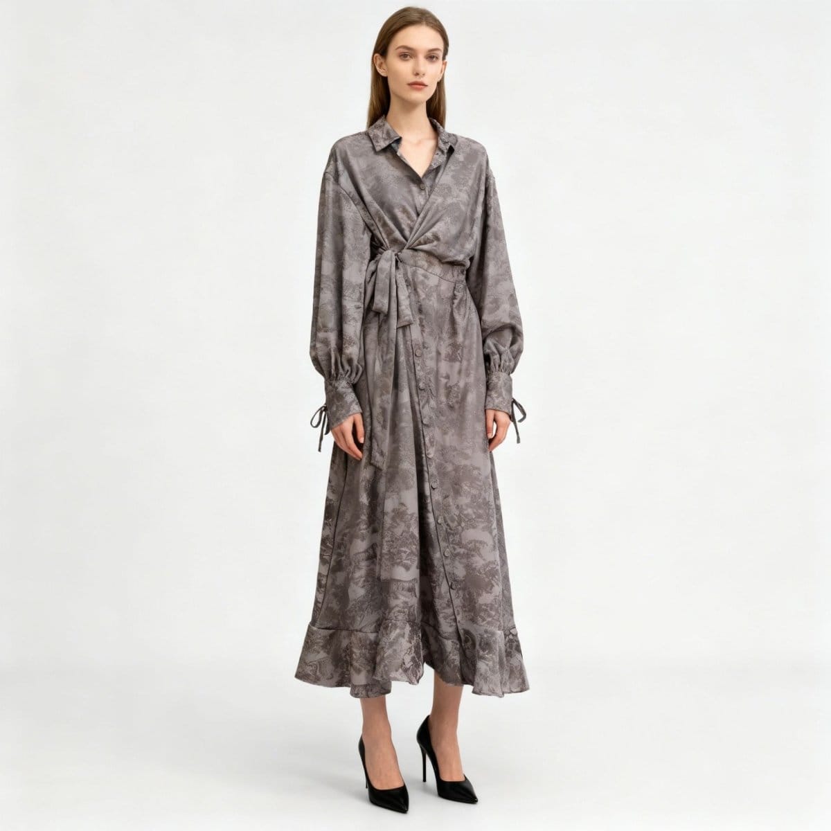 Floral Jacquard Wrap Dress | Collared Tie-Sleeve Maxi Dress(MS257) - A-1 Thread Vault