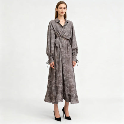 Floral Jacquard Wrap Dress | Collared Tie-Sleeve Maxi Dress(MS257) - A-1 Thread Vault