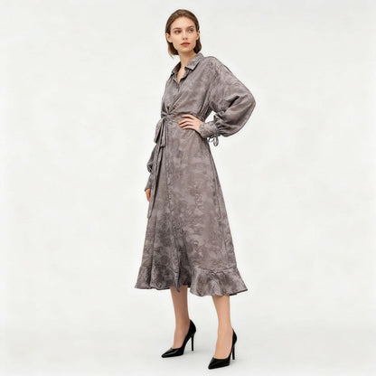 Floral Jacquard Wrap Dress | Collared Tie-Sleeve Maxi Dress(MS257) - A-1 Thread Vault
