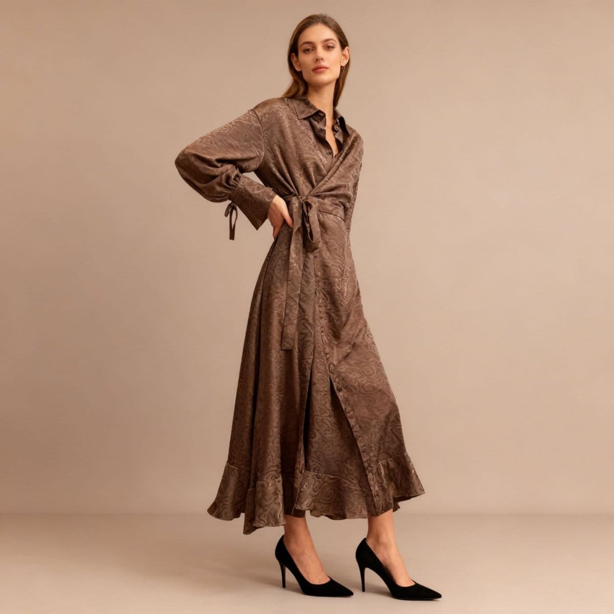 Floral Jacquard Wrap Dress | Collared Tie-Sleeve Maxi Dress(MS257) - A-1 Thread Vault