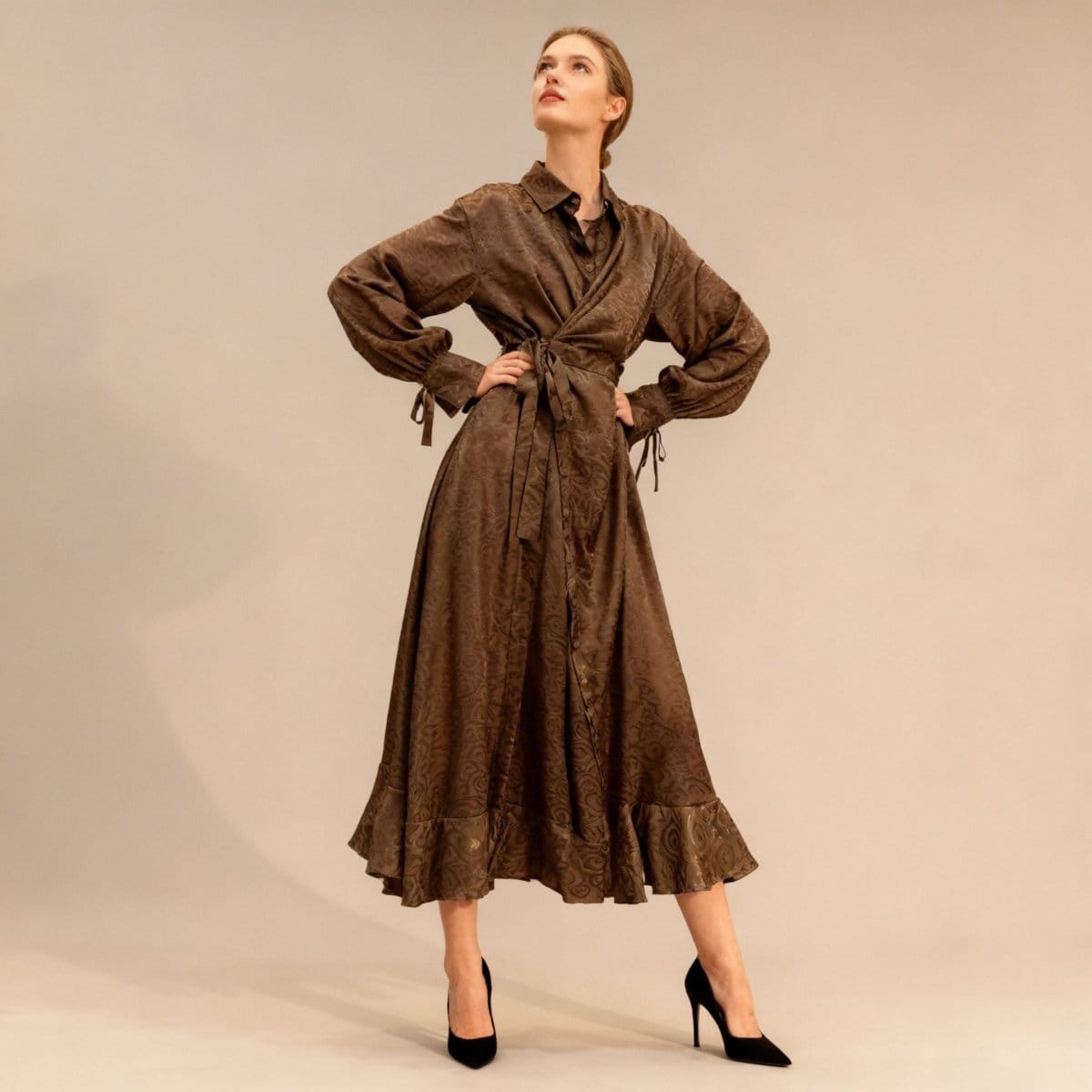 Floral Jacquard Wrap Dress | Collared Tie-Sleeve Maxi Dress(MS257) - A-1 Thread Vault