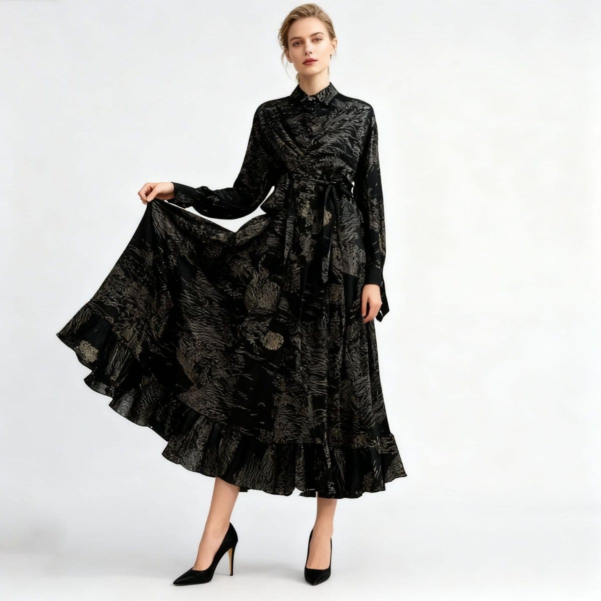Floral Jacquard Wrap Dress | Collared Tie-Sleeve Maxi Dress(MS257) - A-1 Thread Vault