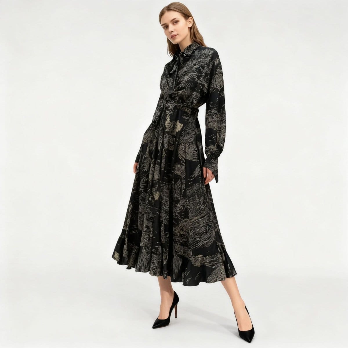 Floral Jacquard Wrap Dress | Collared Tie-Sleeve Maxi Dress(MS257) - A-1 Thread Vault