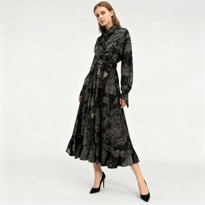 Floral Jacquard Wrap Dress | Collared Tie-Sleeve Maxi Dress(MS257) - A-1 Thread Vault