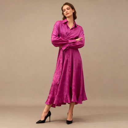 Floral Jacquard Wrap Dress | Collared Tie-Sleeve Maxi Dress(MS257) - A-1 Thread Vault