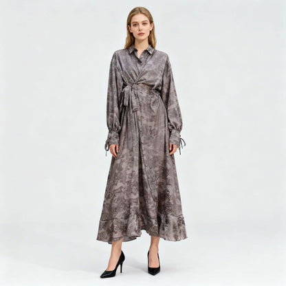 Floral Jacquard Wrap Dress | Collared Tie-Sleeve Maxi Dress(MS257) - A-1 Thread Vault