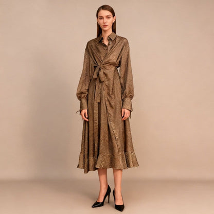 Floral Jacquard Wrap Dress | Collared Tie-Sleeve Maxi Dress(MS257) - A-1 Thread Vault