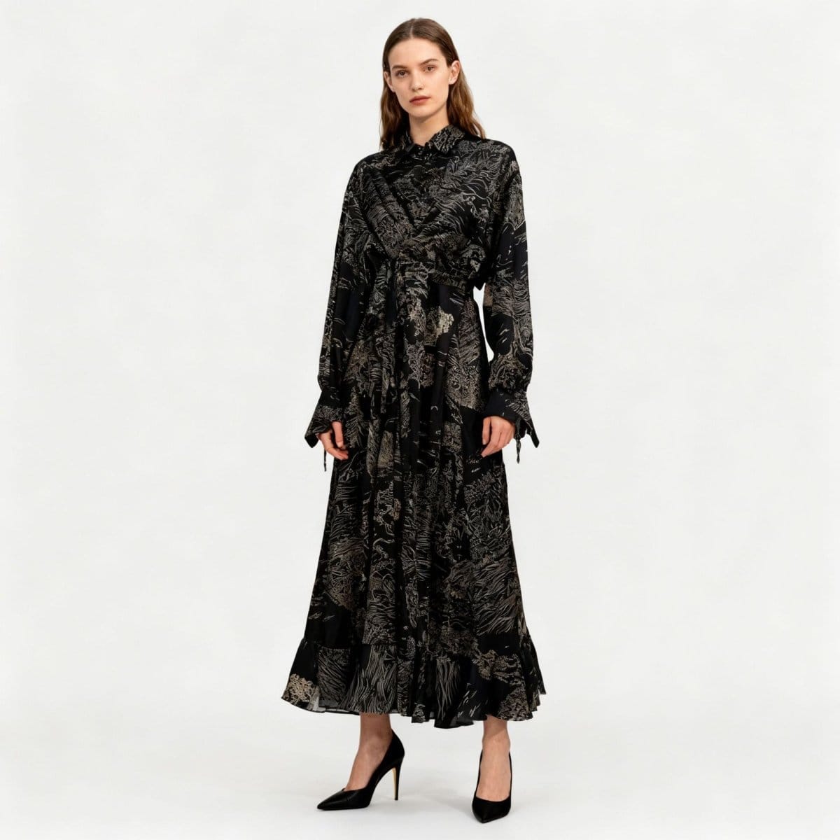 Floral Jacquard Wrap Dress | Collared Tie-Sleeve Maxi Dress(MS257) - A-1 Thread Vault