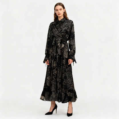 Floral Jacquard Wrap Dress | Collared Tie-Sleeve Maxi Dress(MS257) - A-1 Thread Vault