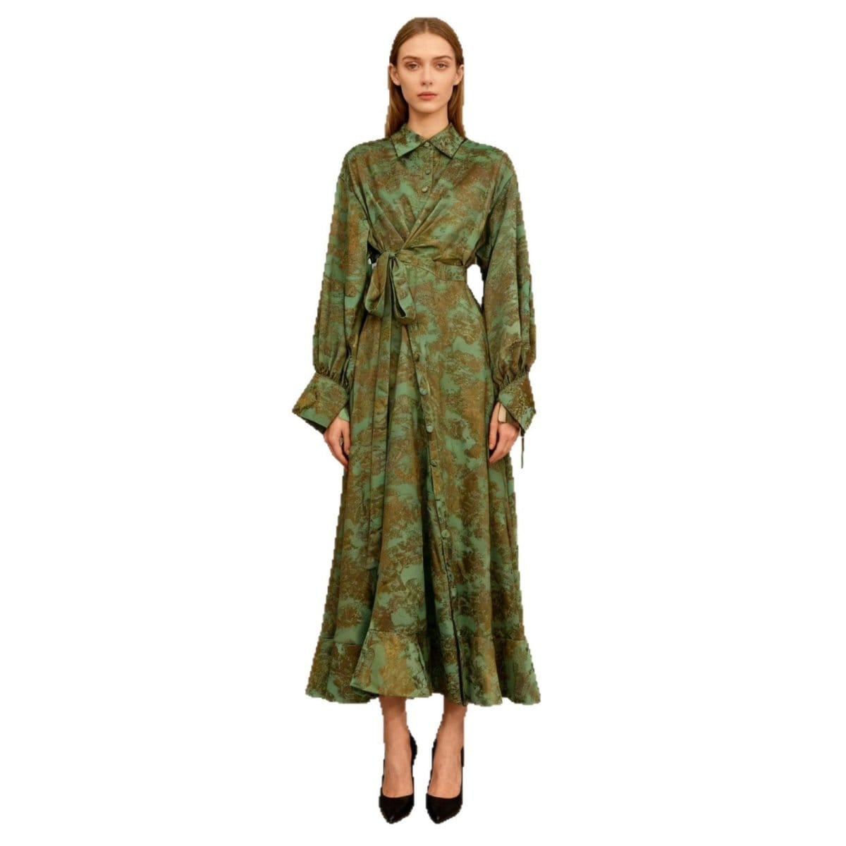 Floral Jacquard Wrap Dress | Collared Tie-Sleeve Maxi Dress(MS257) - A-1 Thread Vault