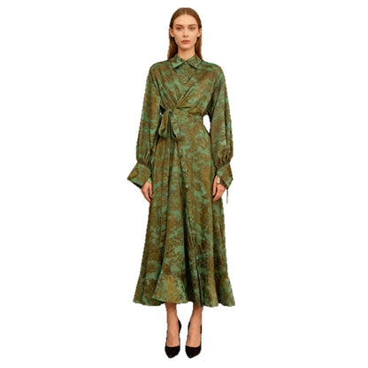 Floral Jacquard Wrap Dress | Collared Tie-Sleeve Maxi Dress(MS257) - A-1 Thread Vault