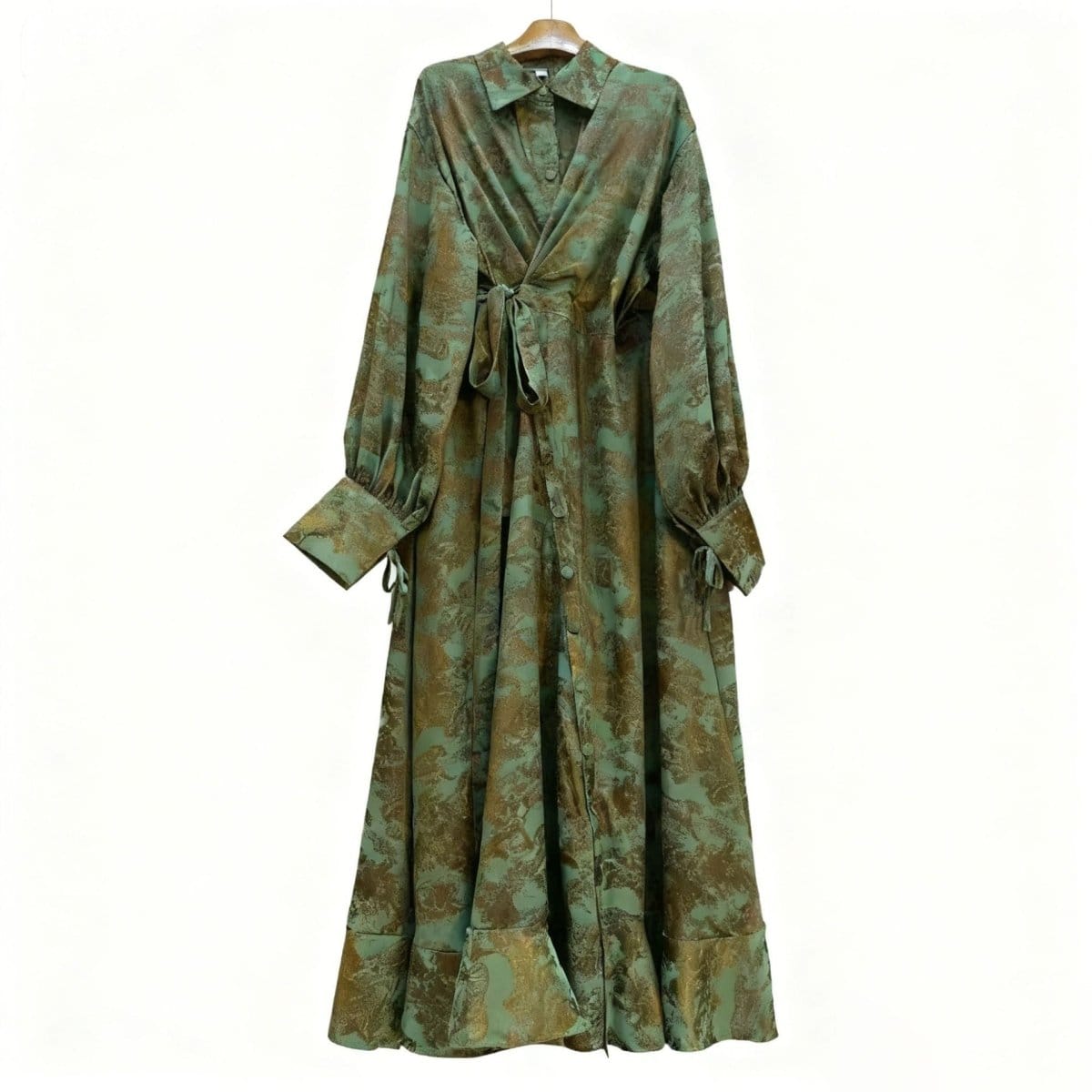 Floral Jacquard Wrap Dress | Collared Tie-Sleeve Maxi Dress(MS257) - A-1 Thread Vault
