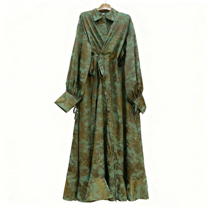 Floral Jacquard Wrap Dress | Collared Tie-Sleeve Maxi Dress(MS257) - A-1 Thread Vault
