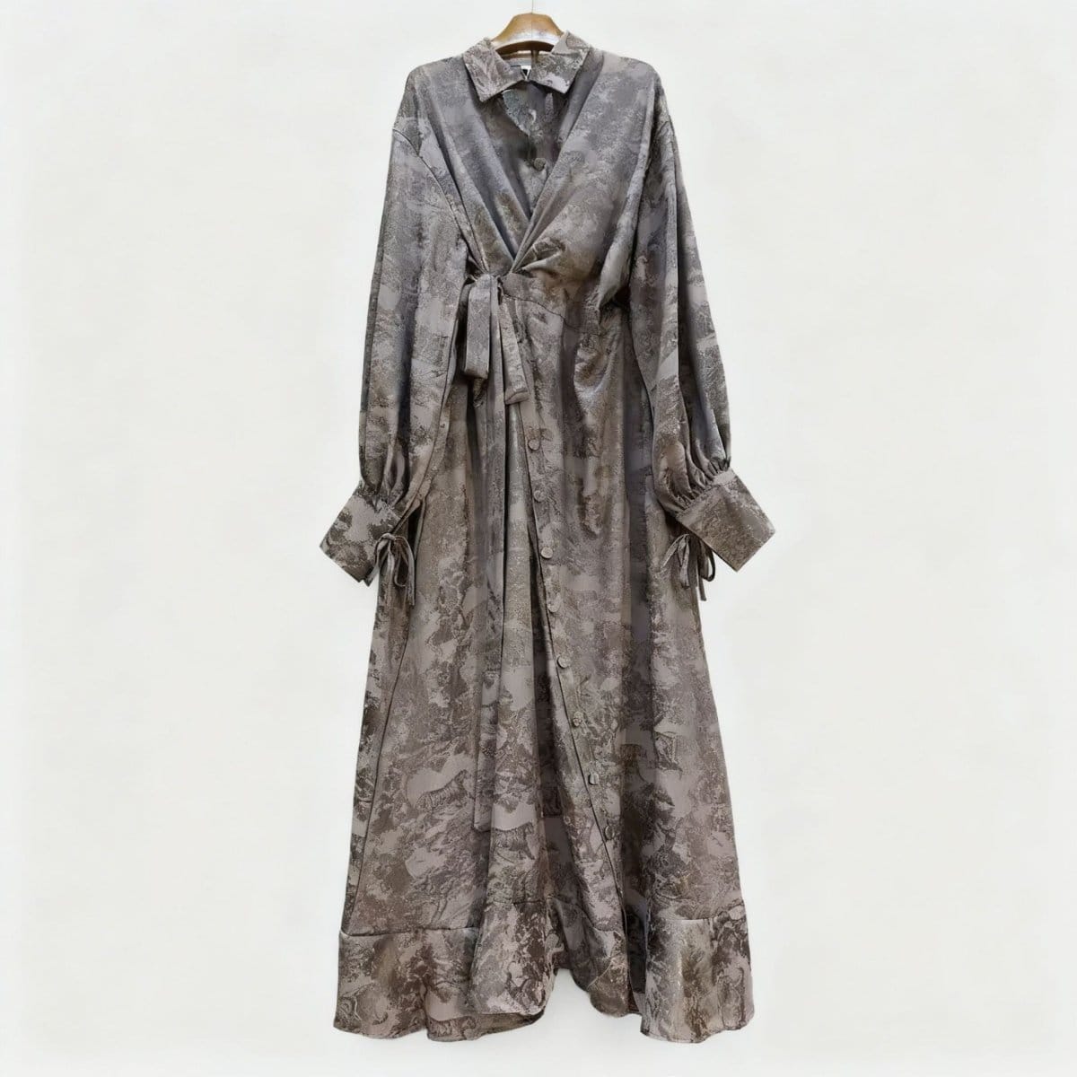 Floral Jacquard Wrap Dress | Collared Tie-Sleeve Maxi Dress(MS257) - A-1 Thread Vault