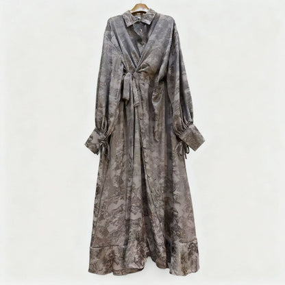 Floral Jacquard Wrap Dress | Collared Tie-Sleeve Maxi Dress(MS257) - A-1 Thread Vault
