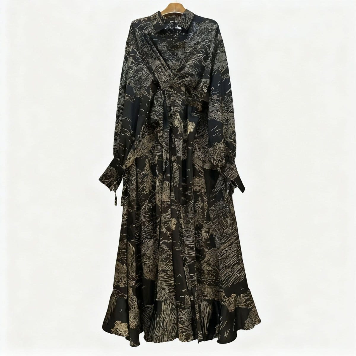 Floral Jacquard Wrap Dress | Collared Tie-Sleeve Maxi Dress(MS257) - A-1 Thread Vault