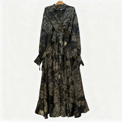 Floral Jacquard Wrap Dress | Collared Tie-Sleeve Maxi Dress(MS257) - A-1 Thread Vault