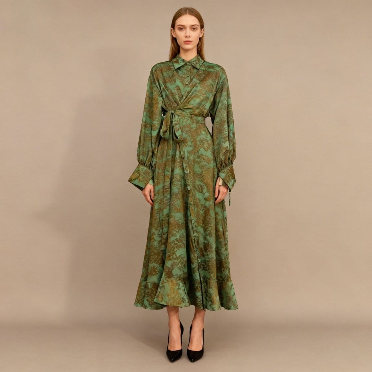 Floral Jacquard Wrap Dress | Collared Tie-Sleeve Maxi Dress(MS257) - A-1 Thread Vault