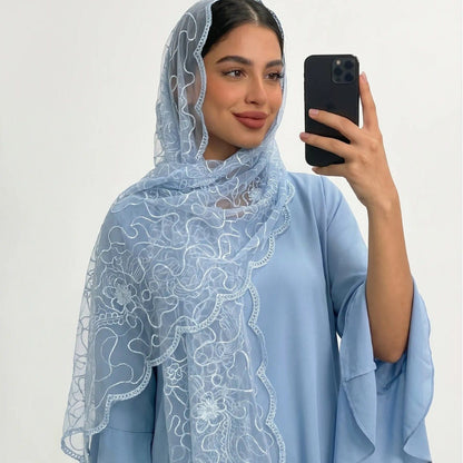 Floral Lace Embroidered Mesh Hijab(MH235) - A-1 Thread Vault