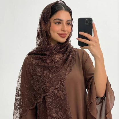 Floral Lace Embroidered Mesh Hijab(MH235) - A-1 Thread Vault