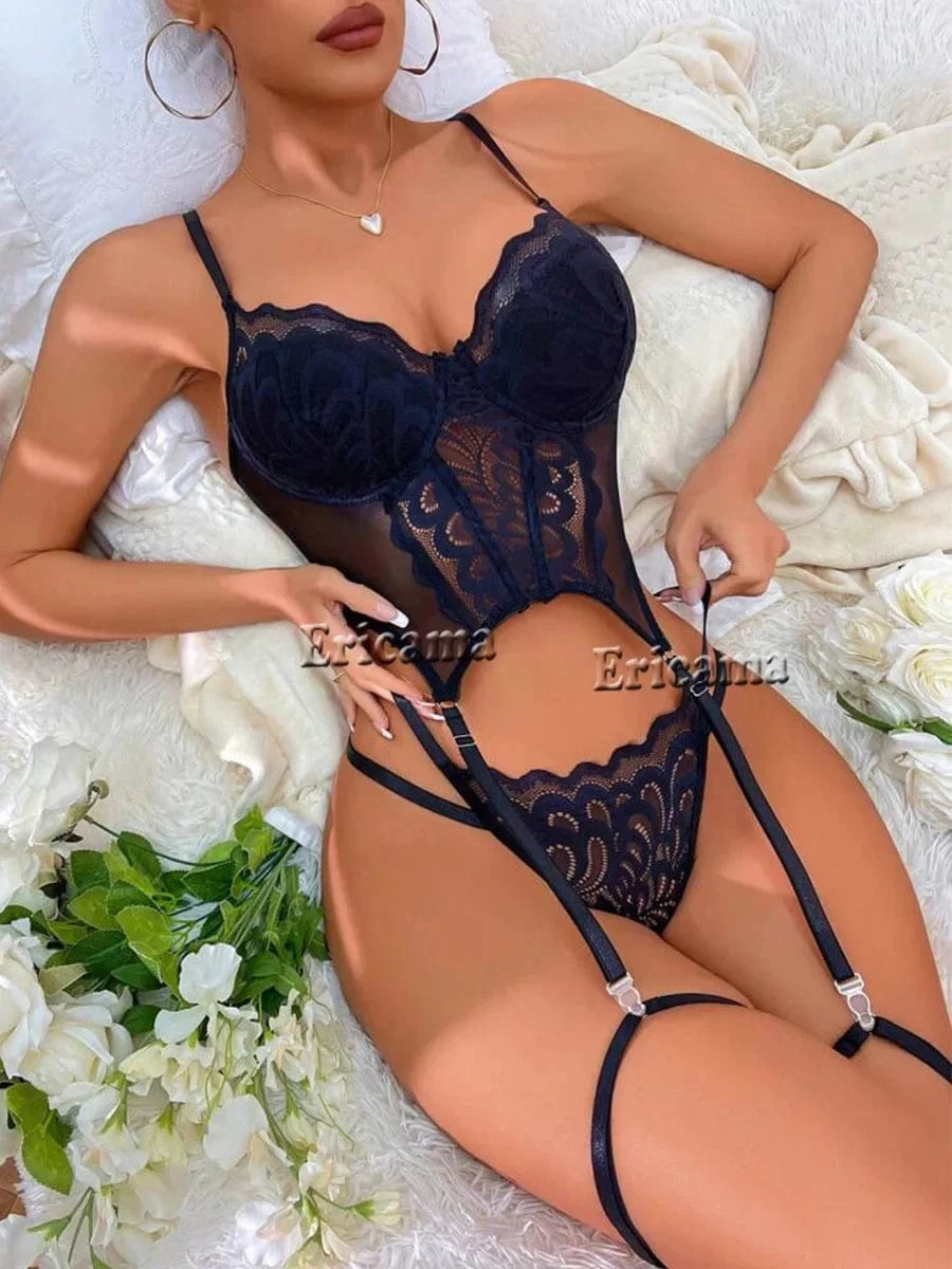 Floral Lace Garter Lingerie Set With Choker Women Intimates 2024 Underwire Bra And Thongs Ladies Underwear Set - A-1 Thread Vault