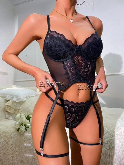 Floral Lace Garter Lingerie Set With Choker Women Intimates 2024 Underwire Bra And Thongs Ladies Underwear Set - A-1 Thread Vault