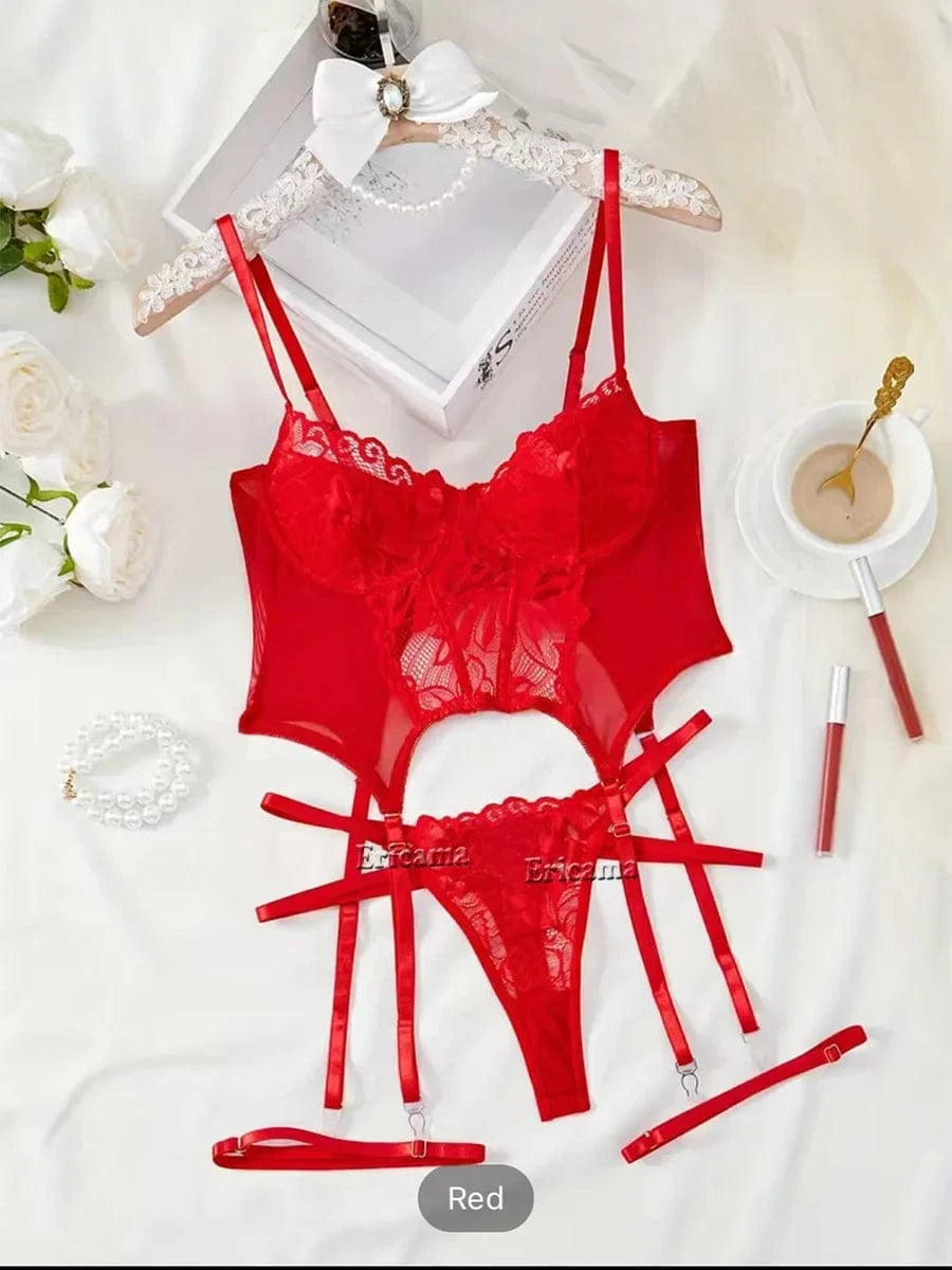 Floral Lace Garter Lingerie Set With Choker Women Intimates 2024 Underwire Bra And Thongs Ladies Underwear Set - A-1 Thread Vault