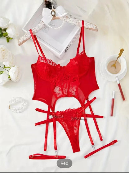 Floral Lace Garter Lingerie Set With Choker Women Intimates 2024 Underwire Bra And Thongs Ladies Underwear Set - A-1 Thread Vault