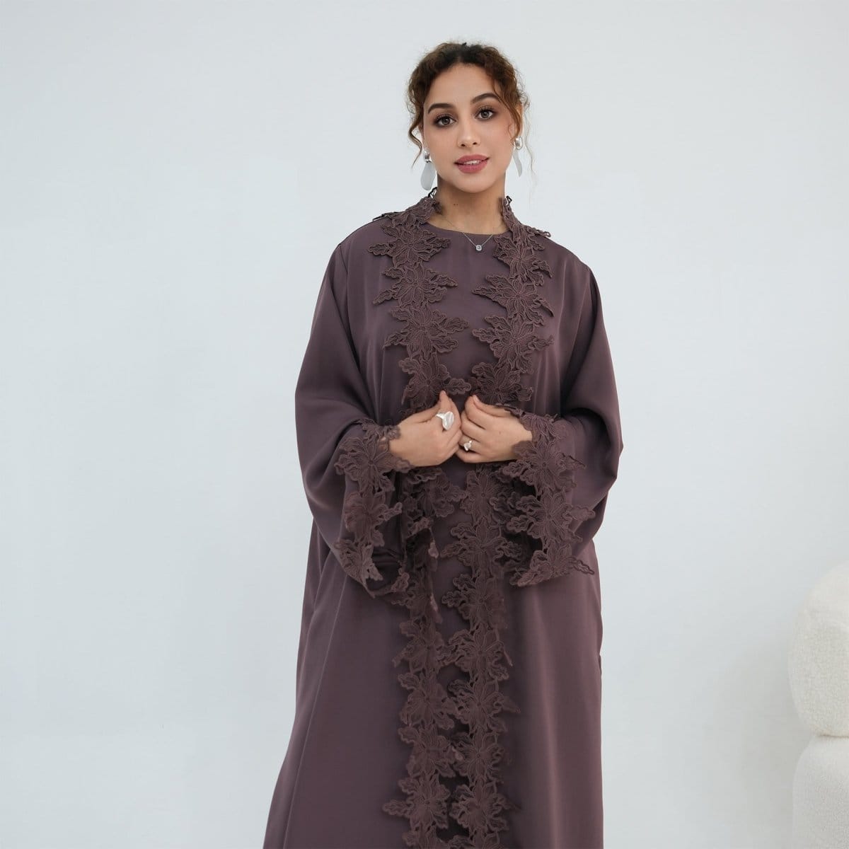 Floral Lace Trim Open Abaya & Sleeveless Inner Dress Set(MOA312) - A-1 Thread Vault