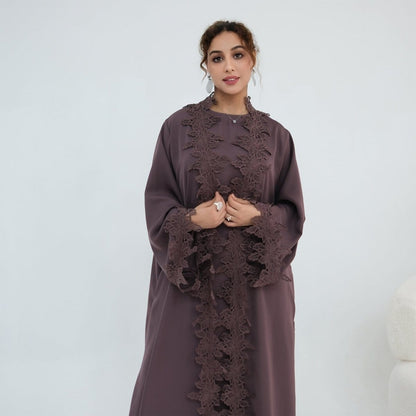 Floral Lace Trim Open Abaya & Sleeveless Inner Dress Set(MOA312) - A-1 Thread Vault