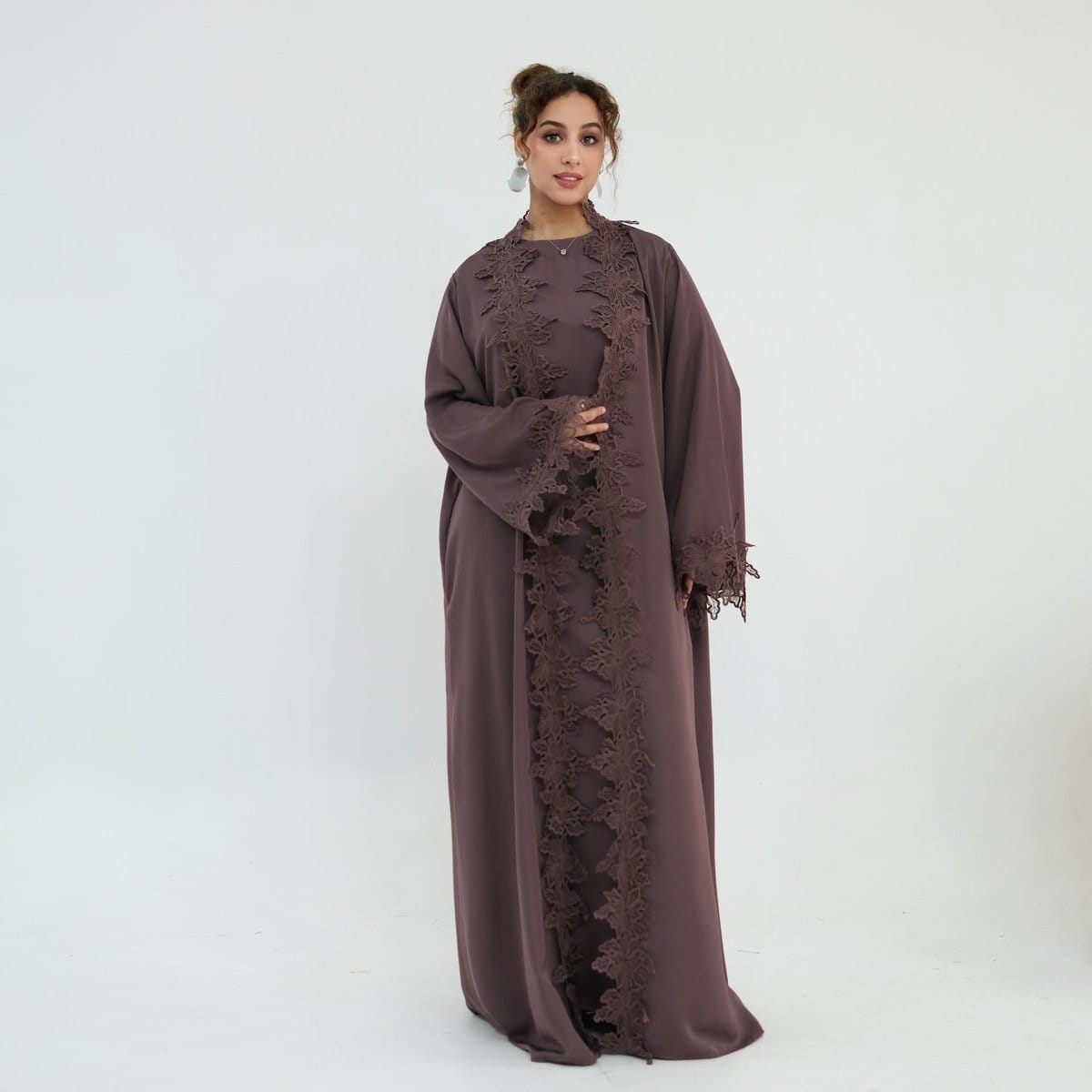 Floral Lace Trim Open Abaya & Sleeveless Inner Dress Set(MOA312) - A-1 Thread Vault