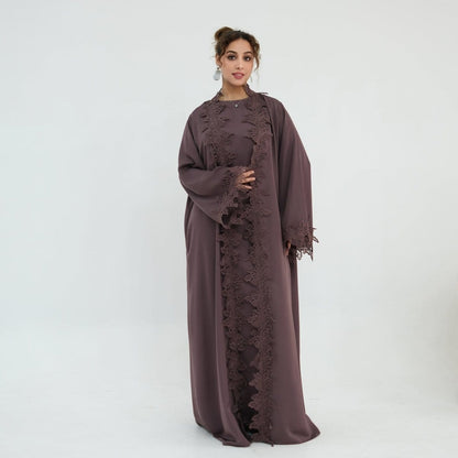 Floral Lace Trim Open Abaya & Sleeveless Inner Dress Set(MOA312) - A-1 Thread Vault