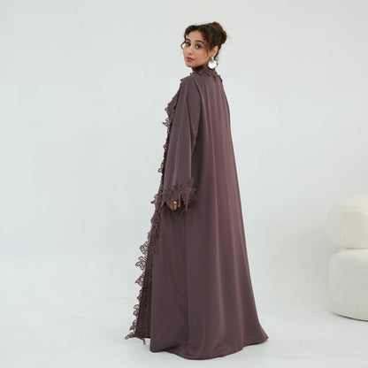 Floral Lace Trim Open Abaya & Sleeveless Inner Dress Set(MOA312) - A-1 Thread Vault