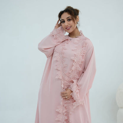 Floral Lace Trim Open Abaya & Sleeveless Inner Dress Set(MOA312) - A-1 Thread Vault