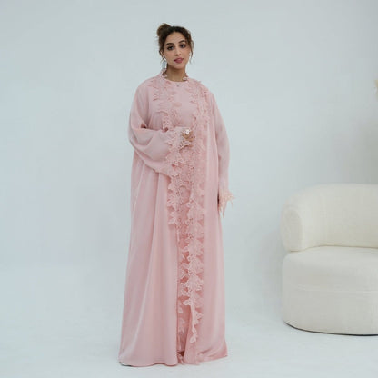 Floral Lace Trim Open Abaya & Sleeveless Inner Dress Set(MOA312) - A-1 Thread Vault