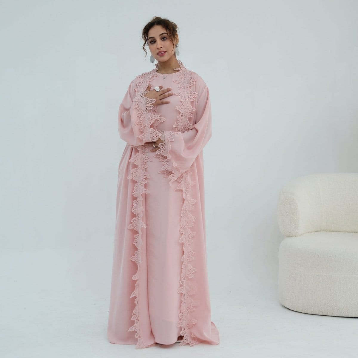 Floral Lace Trim Open Abaya & Sleeveless Inner Dress Set(MOA312) - A-1 Thread Vault