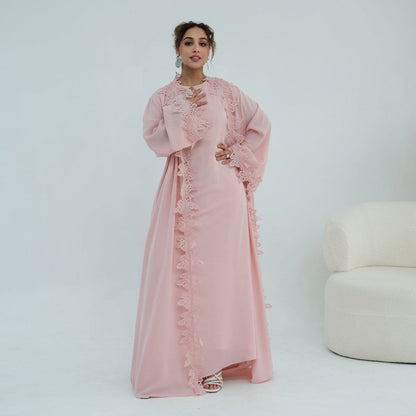 Floral Lace Trim Open Abaya & Sleeveless Inner Dress Set(MOA312) - A-1 Thread Vault