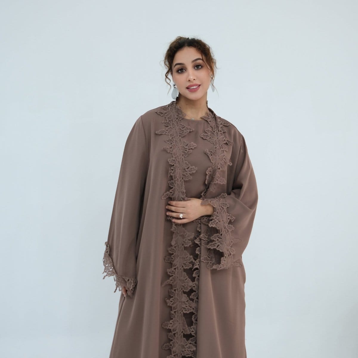 Floral Lace Trim Open Abaya & Sleeveless Inner Dress Set(MOA312) - A-1 Thread Vault