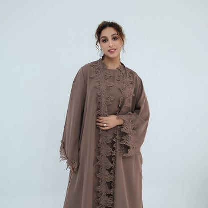 Floral Lace Trim Open Abaya & Sleeveless Inner Dress Set(MOA312) - A-1 Thread Vault