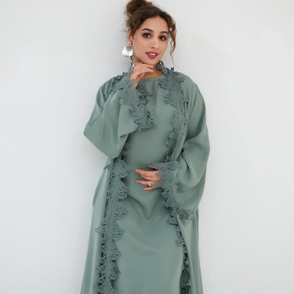 Floral Lace Trim Open Abaya & Sleeveless Inner Dress Set(MOA312) - A-1 Thread Vault