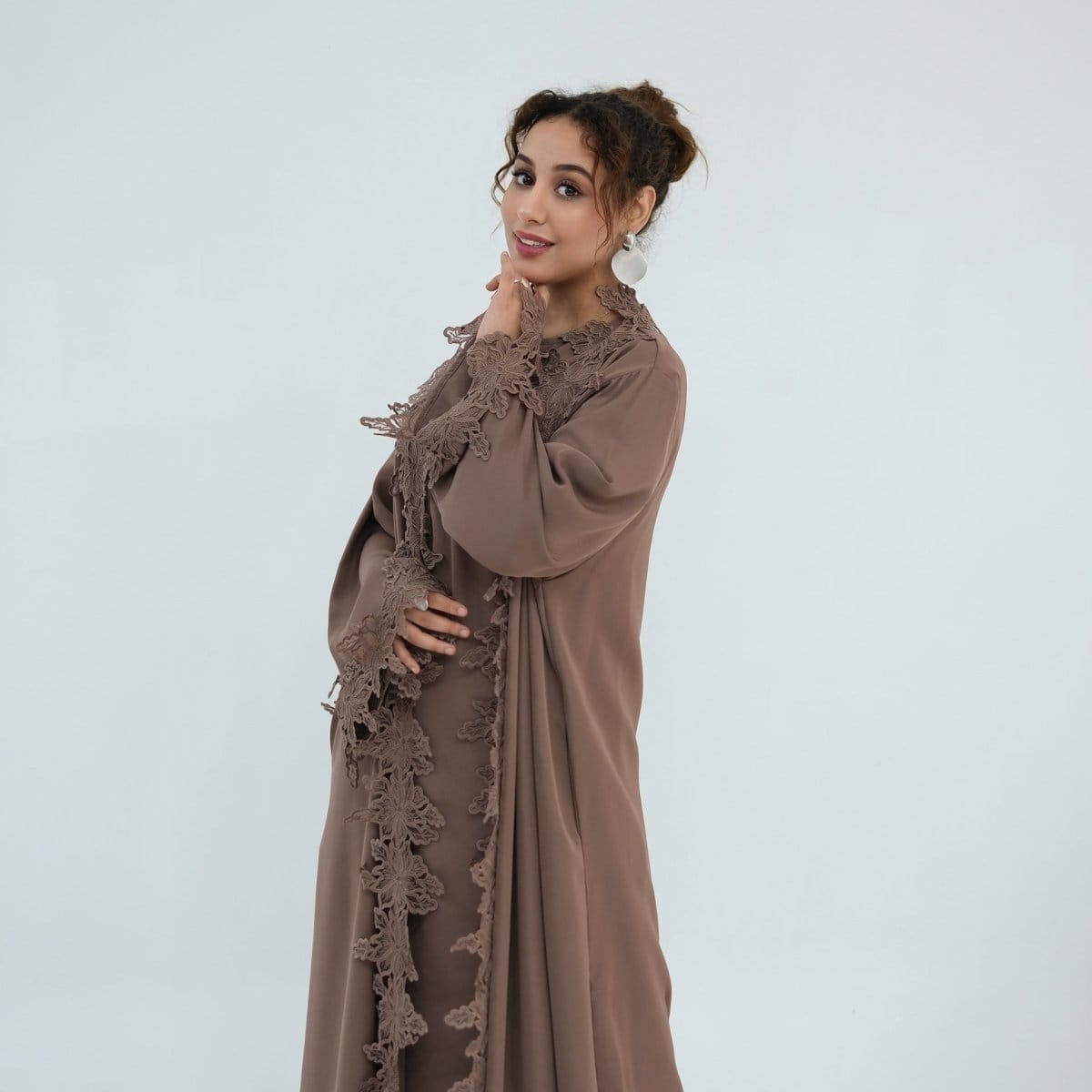 Floral Lace Trim Open Abaya & Sleeveless Inner Dress Set(MOA312) - A-1 Thread Vault