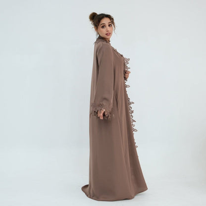 Floral Lace Trim Open Abaya & Sleeveless Inner Dress Set(MOA312) - A-1 Thread Vault