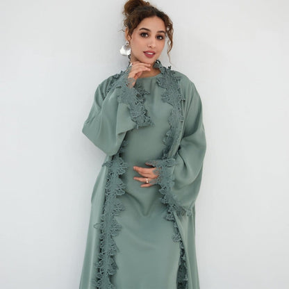 Floral Lace Trim Open Abaya & Sleeveless Inner Dress Set(MOA312) - A-1 Thread Vault